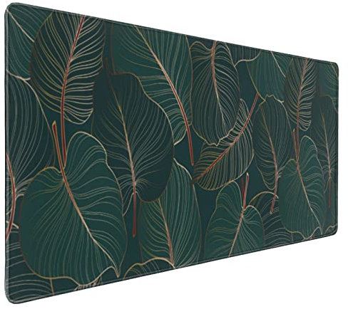 Tapis de souris d'été motif feuilles tropicales, 80 x 40 cm, XXL, motif feuilles vert foncé, grand tapis de souris avec base en caoutchouc antidérapant avec bords cousus pour bureau de jeu
