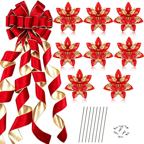121,9 x 33 cm rote große Weihnachtsbaumspitze rote große Samtschleife mit langen Luftschlangen, Weihnachtsbaumschmuck mit 8 Stück 14 cm künstliche goldene rote Weihnachtssterne Blumen Dekorationen