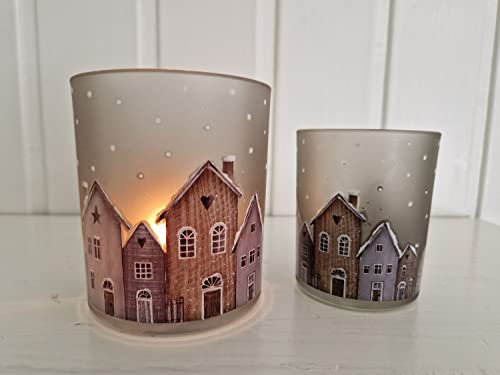 Arinosa Windlicht Häuschen Winter Glas 2er Set Ø 7-9 H 8-10 cm
