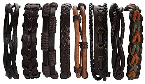 KALVICA 8pcs Leather Bracelet for Men Women Vintage Punk Braided Bracelet Rope Wrap Bracelets Set Cuff Wristband Bracelet Brown Black Wrist Bracelets Adjustable (LX-KAL-SWL-SL15-Brown)