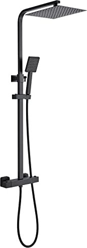 KEOKBON Duschsystem mit Thermostat Schwarz, Duschsystem Regendusche mit Armatur Verstellbar Duschsäule, 10 Zoll (25cmx25cm) Kopfbrause, Thermostat-Brausegarnitur für Badzimmer