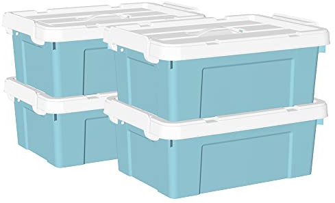 Cetomo 20L*4 Storage Boxes, Carry Plastic Storage Box with Lids, Organizing Container with Handle and Secure Latching Buckles, Stackable, Nestable, Tote Bin for Home Office Clothes, 20L-4Pack, Blue