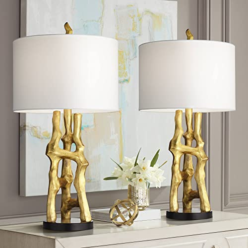 Possini Euro Design Organic Modern Table Lamps 29 Tall Set of 2 Sculptural Gold Bamboo Sculpture White Fabric Drum Shade Decor for Bedroom Living Family Room Bedside Nightstand House Home Office