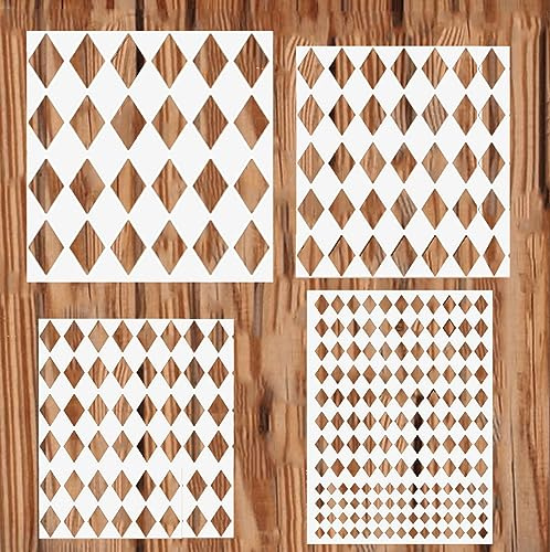 4PCS Harlequin Stencils 4 Sizes Square Diamond Shape Templates Reusable Diamond Harlequin Stencil for Painting on Wood Wall Decor
