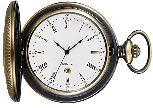 Tiong Unique Quartz with Calendar Dial Pocket Watch Vintage Roman Numerals Pocket Watches with Chain for Men(Bronze)