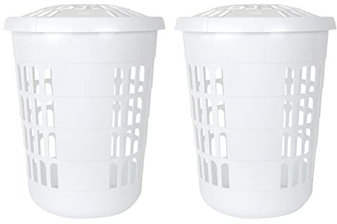 JMS we create smile (Set of 2) - 60L Plastic Tall Round Hamper Laundry Baskets | Washing Clothes Linen Storage Basket Organiser for Bathroom Laundry Room, Kids Nursery (Ice White)