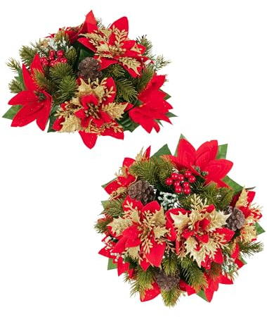 BLOSMON Weihnachtliche Tafelaufsätze für den Esstisch: 2 Stück rot gold Glitzer künstliche Weihnachtsstern Weihnachtsblumen Kugel Dekoration – künstliche Seide Urlaub Blumenarrangement Xmas Indoor