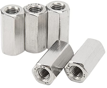 Tissting 5 Stück Langmutter M10 x 1,5 Innengewinde 17mm OD 35mm Lange Sechskant Stangenmutter Verbindungsmuttern 304 Edelstahl Silber Kupplungsmutter Set für Ersatz Wartung