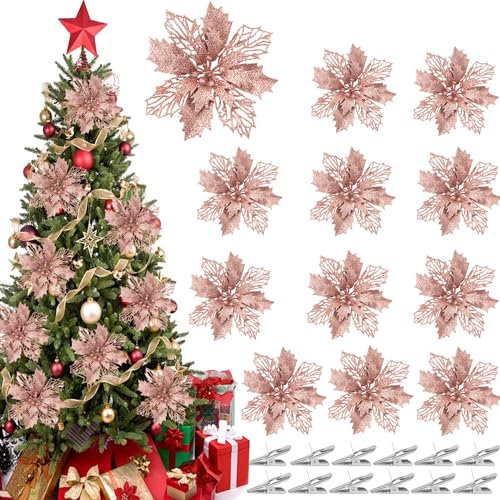 jenich 12 Fiori Artificiali Natale Fiori Artificiali per Alberi di Natale con Glitter Fiori di Stelle Natalizie Poinsettia Glitterate Oro Rosa Decoracioni Ornamenti Addobbi Natale Capodanno