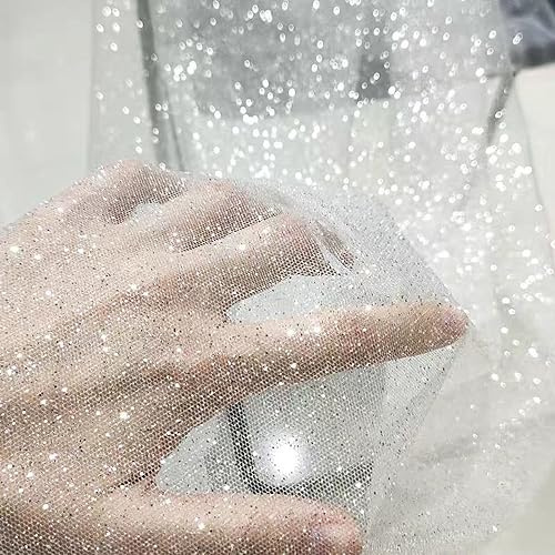 50cm x 150cm Soft Glitzer Tüllstoff Netzstoff zum Nähen, Bling Tüll Mash Stoffe Dekostoff für DIY Basteln Bekleidung Tüllrock Hochzeitskleid Schleier Vorhänge Tischdecken Hochzeit Party Deko,Weiß