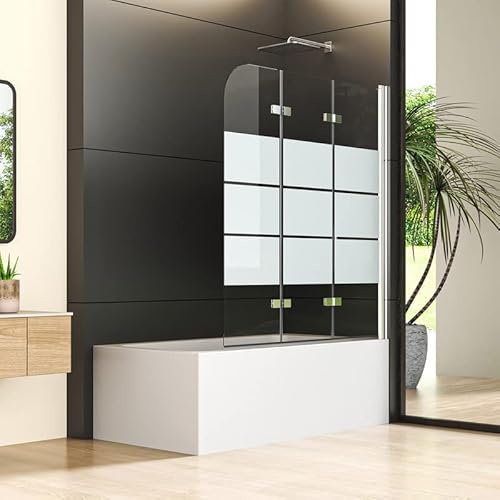 Goezes Duschwand für Badewanne 140x140cm 3-teilig Faltbar Gestreift Glas Duschtrennwand, Duschabtrennung mit einem eleganten Streifenmuster verziert, Badewannenaufsatz aus 6mm Sicherheitsglas