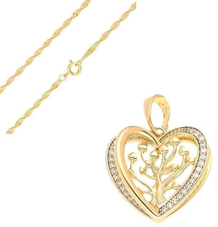 2014.Jewelyr.Luxe Collier Femme Chaîne Torsadée et Pendentif Coeur Arbre de Vie Cristal Blanc Plaqué Or Jaune 750/1000 3 Microns