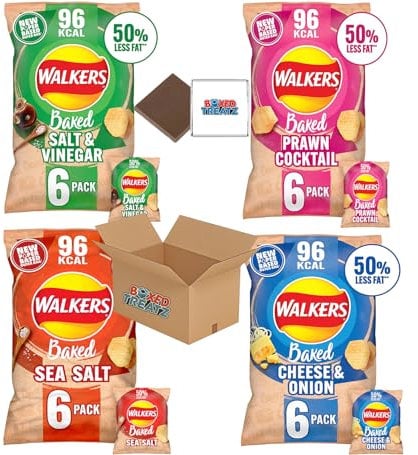 Walkers Variety Multipack Crisps (24X22g) 6x Sea Salt + 6x Cheese & Onion + 6x Salt & Vinegar + 6x Prawn Cocktail Boxed Treatz