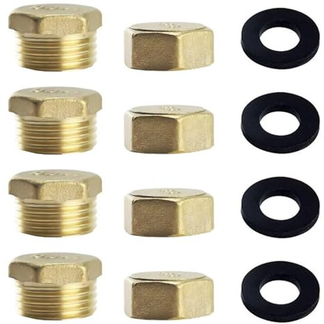 8 Stück Blindstopfen, 1/2 Zoll Außengewinde und Innengewinde Blindstopfen, Messing Verschlusskappe mit Gummidichtungen für Wasserleitung, Heizkörper, Verteiler