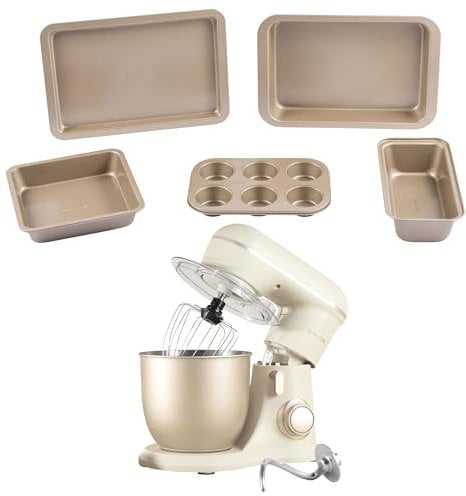 Salter COMBO-8912A Bakes Stand Mixer & Bakeware Set - Electric Whisk With Non-Stick Coated Roaster, Baking Tray, Square Pan, Loaf Tin, Muffin Tray, 10 Speeds Settings, 4 L Mixing Bowl, 1300 W, Gold