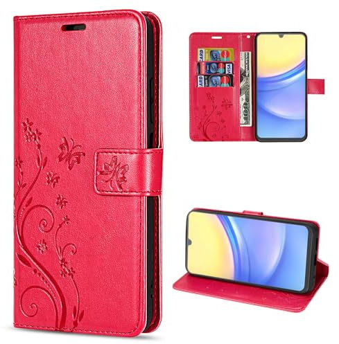 Hülle Kompatibel mit Samsung Galaxy A15 | Premium PU Leder Handyhülle Wallet Case für Galaxy A15 | Schutzhülle Blumen Klapphülle Handyhülle | Rot