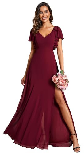 Ever-Pretty Robes de Demoiselle d’Honneur Arc Manches Courtes Col V Taille Empire Fendu Mariage Invités Bordeaux 38