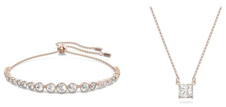 Swarovski Emily Bracelet, White Round Cut Crystals in a Rose Gold Tone Plated Setting, from the Emily Collection & Attract necklace, Square, White, Rose gold-tone plated