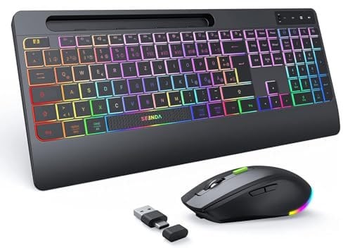 seenda Tastatur Maus Set kabellos beleuchtet, wiederaufladbare USB & Typ C Funktastatur mit Maus mit Handyhalter und Handballenauflage für PC/Windows/Mac, leise Klicken & QWERTZ Layout, Schwarz