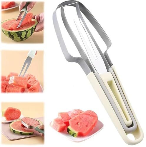 Cortador de sandía, cortador de sandía 3 en 1, cortador de sandía de acero inoxidable, cortador de sandía, cortador de sandía, cortador de melón, cuchillo de sandía, cortador de frutas (beige)