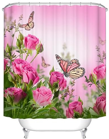 Pink Roses Butterfly Floral Shower Curtain, Romantic Pink Blossom Rose Flower Spring Nature Scenery Bathroom Curtain for Girls Women