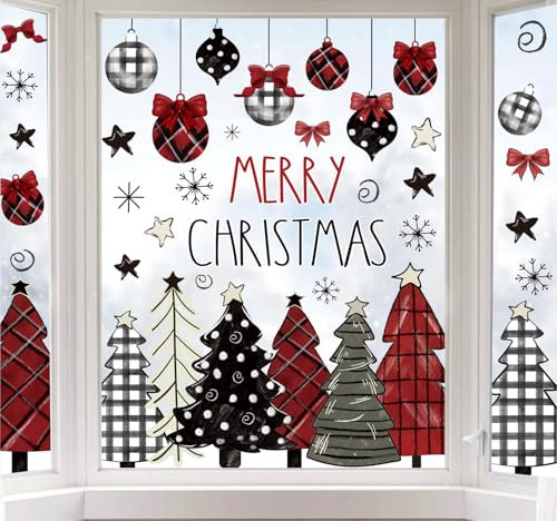 Whaline Fensteraufkleber Merry Christmas, doppelseitig, kariert, für Zuhause, Party, 20 x 30 cm, 9 Blatt