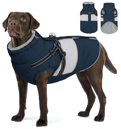 AOFITEE Hundemantel Winter Grosse Hunde, Warme Hundejacke Wintermantel mit Geschirr, Wasserdicht Hunde Winterjacke Warmer Hundemäntel Fleece Winterweste für Labrador, Windhund, Golden Retriever, 2XL