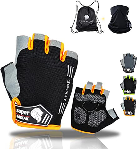 super NADIAK® Sommer Fahrradhandschuhe-Halbfinger Fahrradhandschuhe-Damen Fahrradhandschuhe-Herren Halbfinger Fahrradhandschuhe-Mountainbike-BMX-FahrraFitness-Glove Bike (Schwarz/Orange, XL)