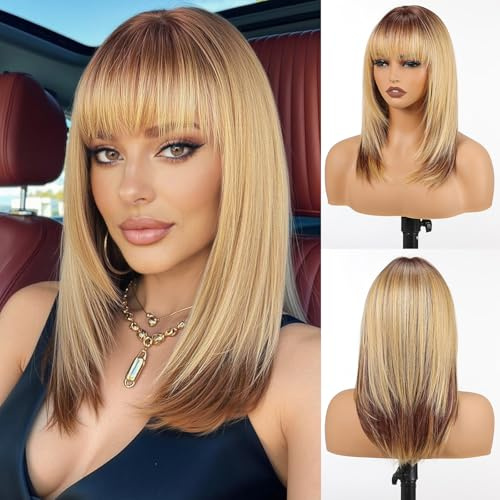 Topshe Ombre Blonde Perücke mit Pony Schulterlange Gerade Geschichtete Perücken Hitzebeständige Synthetikgoldperücken (16 Zoll)