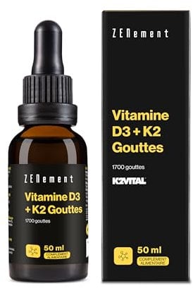 Vitamina D3 K2 Gocce - 1700 Gocce con K2VITAL® e Vitamina D3 Naturale da Lanolina - Alta Biodisponibilità con Olio MCT di Cocco - Zenement