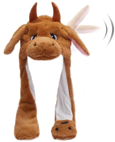 Hpfulseazn Ear Moving Jumping Warm Plush Animal Hats Movable Dancing Ear Flap Hat Earflaps Movable Fluffy Cap(Brown Cattle)