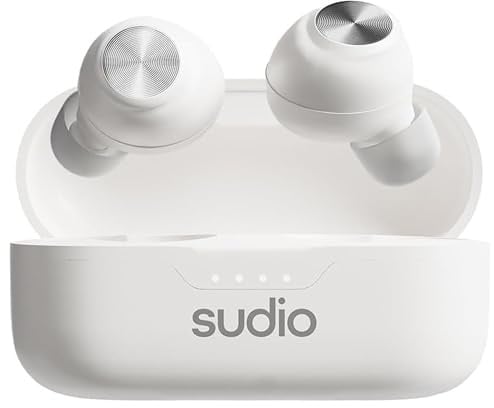 sudio T3 Snow White - In-Ear Earbuds. Up to 6 Hours Play time (25 Hours total), Snug and Comfortable Design, Built-In Microphones (2), Touch Buttons, USB-C Charging, Bluetooth 5.4