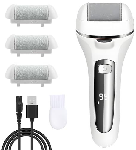 Electric Foot File for Hard Skin, Callus Remover with LED Display, 3 Roller Heads & Waterproof Design, USB Rechargeable Pedicure Foot Scraper for Smooth Feet – Includes Coarse, Regular & Fine Rollers