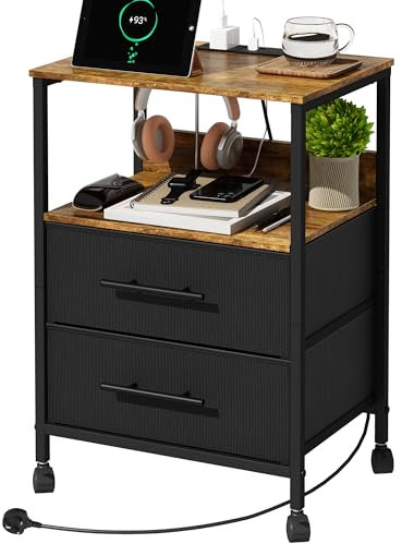 MYGIIVOVO Bedside Table with Charging Station, Nightstand with 2 USB Ports, Sofa Side Table for Bedroom, with 4 Castors and Fabric Drawers (2 Drawers, Black)