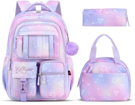 Tanou Set di Zaino Scuola Elementare Bambina, 3 Pezzi Traspirante Zaini per Bambini con Borsa Termica e Astuccio, Kawaii Zaino Ragazza in Nylon alla Moda con Ciondolo, Viola