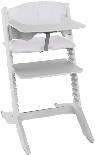 Geuther Kinderhochstuhl Holz Nala, Set Hochstuhl Baby +Tisch+Sitzkissen, mitwachsender & ergonomischer Kinderstuhl, höhenverstellbar mit One-Click-System, Babystuhl belastbar bis 90kg I Farbe Grau