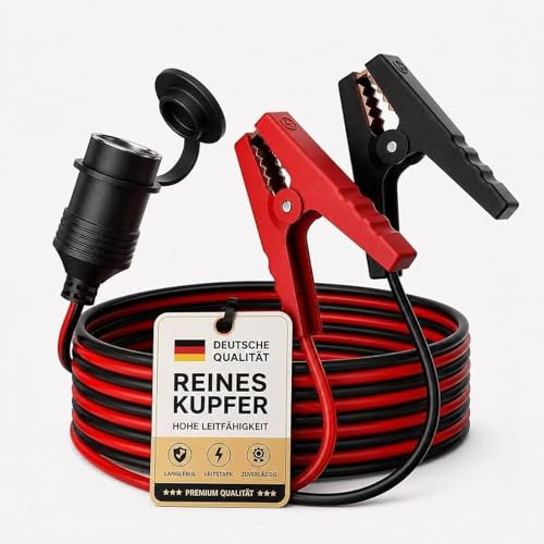 RGBer® Zigarettenanzünder 12V Steckdose mit Batterieklemmen | 12V Auto Zigarettenanzünder Steckdose für Kühlbox, Kompressor, Luftpumpe