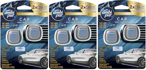 6 x 2ml Ambi Pur Car Air Freshener Vent Clip On Diffuser+ Refill - Ocean