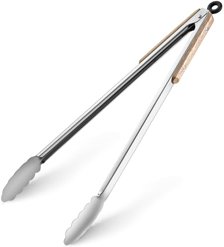 17-Inch Grill Tongs,Long Wood-Handled BBQ Tongs,Heavy Duty Stainless Steel