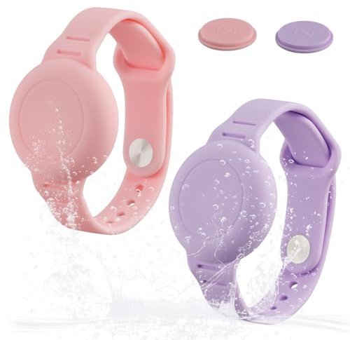 Ziyonix 2 Stück Wasserdichtes Armband kompatibel mit AirTag für Kinder, Silikon Air Tag Armbänder Silikonhalter mit Versteckt Cover Atmungsaktiv GPS Tracker Halter für Kinder (Rosa+Hellviolett)
