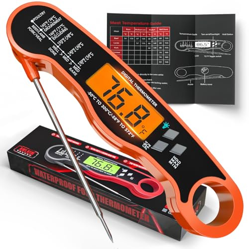 AWLKIM Digital Meat Thermometer Instant Read Food Probe for BBQ | Waterproof IP67 Backlit Digital Food Probe, 2-3 Sec Instant Read for Grill BBQ Oven Candy Baking - Orange