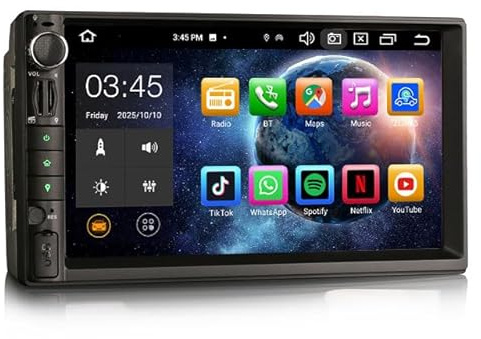 Erisin 7 Zoll 8-Kern 6GB+128GB Universal Android 14 Autoradio Bluetooth GPS Navigation Integriertes Kabelloses CarPlay Android Auto WiFi 4G OBD2 USB FM RDS DSP Unterstützung DAB+ DVR TPMS DVB-T2
