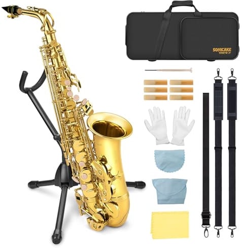 SONICAKE Saxofón Alto Mi bemol Barnizado en Oro para principiantes