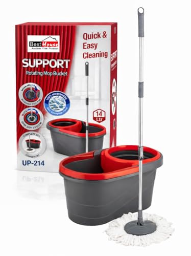BH | Spin Mop and Bucket Set | 360° Rotating Microfibre Mop Head | 14 Litres Capacity | Easy Wringer Bucket | Stainless Steel Adjustable Long Handle | Wet and Dry Floor Cleaning - by BEST HOUSE