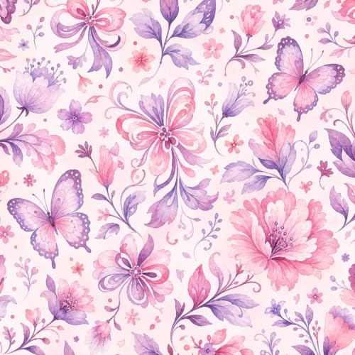 DERUINVAIO Self Adhesive Feature Removable Floral Pink Purple Butterflies Delicate Peel and Stick Vinyl Wallpaper Roll, Sticky Lining Paper for Bedroom, Living Room, Kitchen Walls
