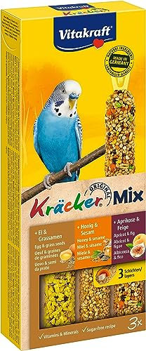 Vitakraft Kräcker Mix, Vogelsnack, für Wellensittiche, Knabberstangen, mit Ei und Grassamen, mit Aprikose und Feige, mit Honig und Sesam, ohne Zusatz von Zucker (1x 3 Stück)