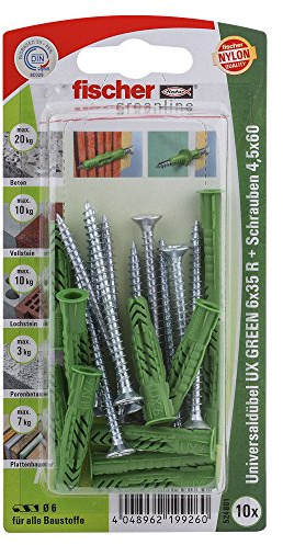 Fischer Universaldübel UX Green 6x35 R S K mit Rand, 10 x Spanplattenschraube 4,5 x 60, 524801