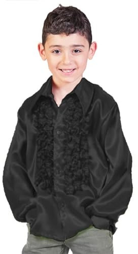 Das Kostümland 70er Jahre Satin Rüschenhemd Johnny für Kinder | Schwarz 140