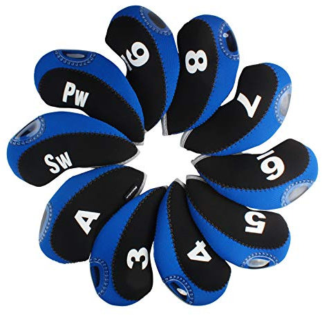 Andux Print Number Golf Iron Club Head Covers with Transparent Window 10pcs/Set Black/blue