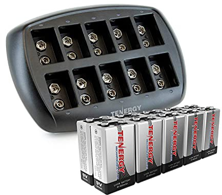Tenergy 9V Batteries 600mAh 10PCS Li-ion 9 Volt Rechargeable Batteries with 10-Slot Li-ion 9V Battery Charger for Smoke Alarm/Detector